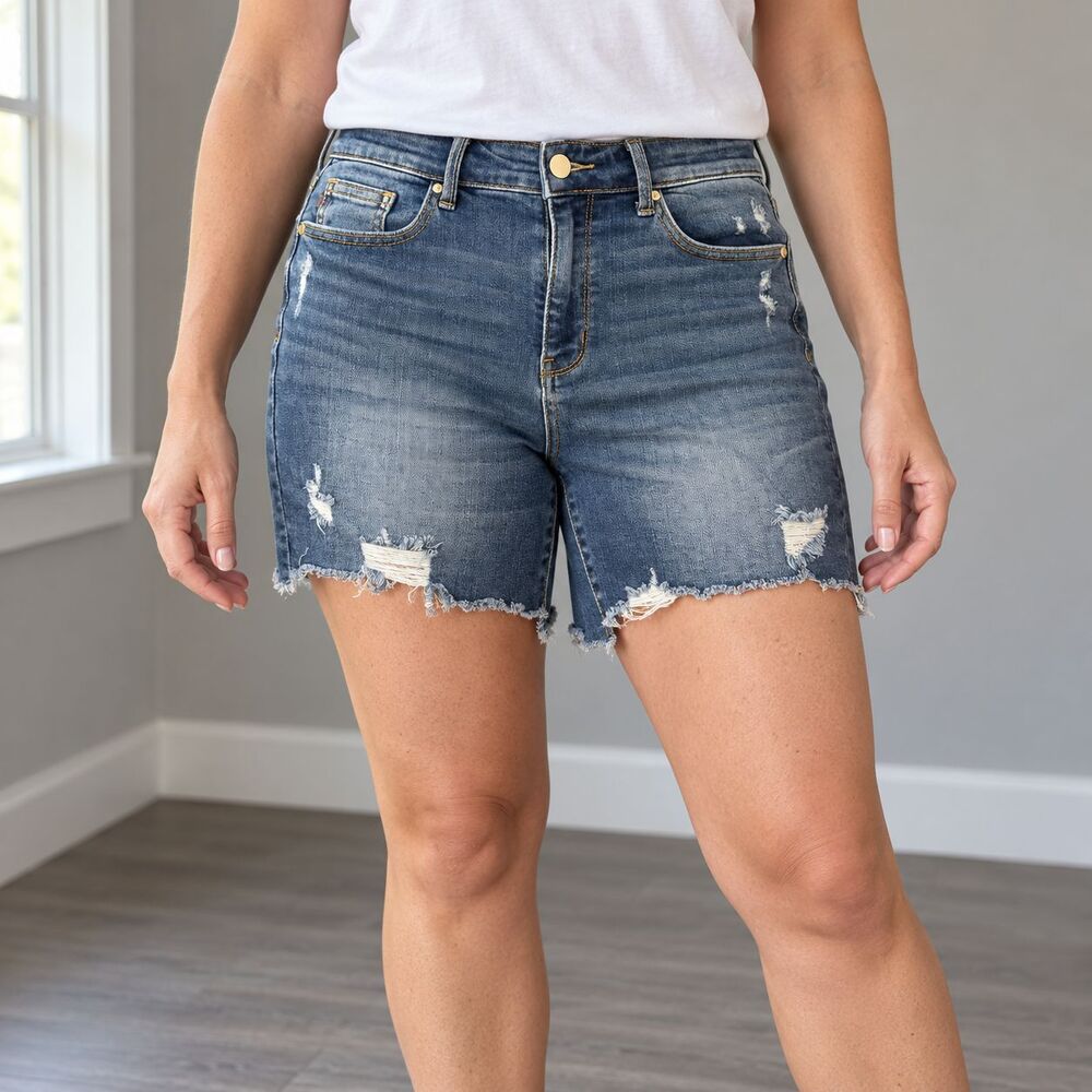 Judy Blue Shorts Womens Large Blue Distressed Denim Mid Rise Stretch JB15253MD
